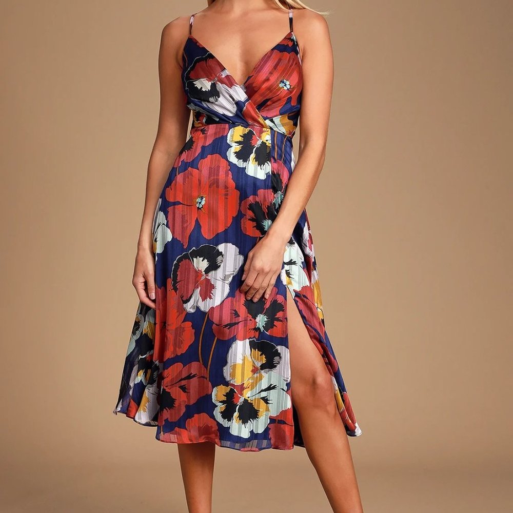 Nwt Lulu's All About Love Floral Print Midi Dress Royal Blue Multi S